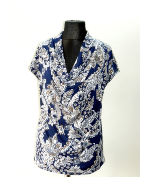 Bluzka z lejącym dekoltem woda - wzór paisley granat beż